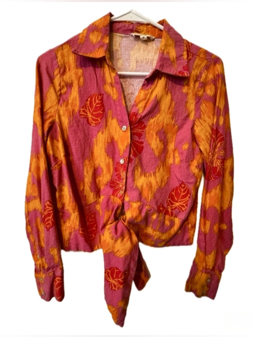 Christian Siriano Linen Blend Tie Waist Blouse M Pink Orange Tropical Floral